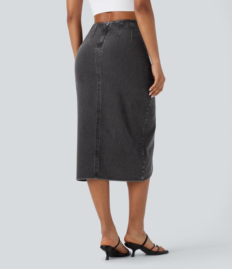 Halara Flex™ High Waisted Back Zipper Ruched Tulip Hem Midi Washed Denim Casual Skirt