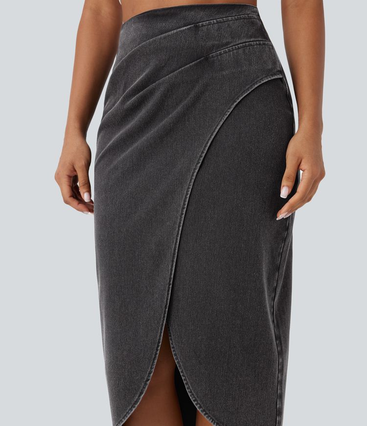 Halara Flex™ High Waisted Back Zipper Ruched Tulip Hem Midi Washed Denim Casual Skirt