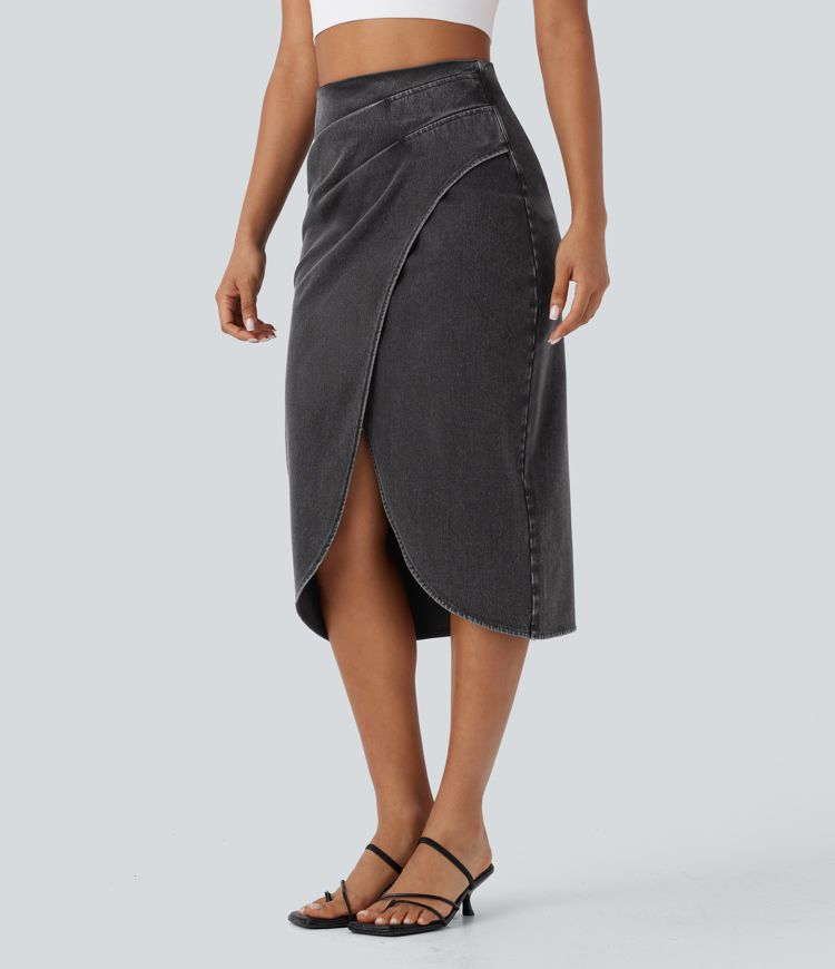Halara Flex™ High Waisted Back Zipper Ruched Tulip Hem Midi Washed Denim Casual Skirt