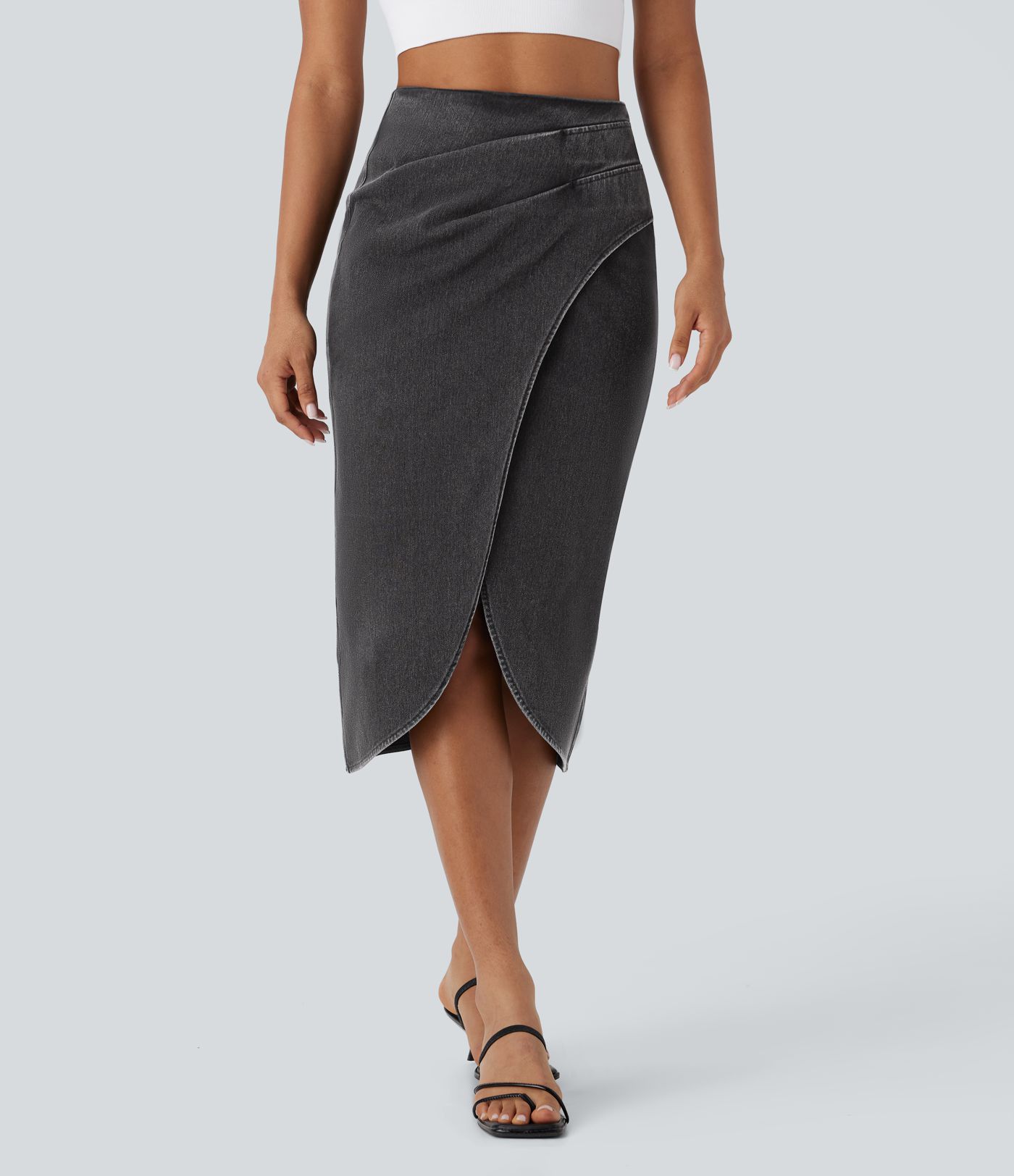 Halara Flex™ High Waisted Back Zipper Ruched Tulip Hem Washed Denim Women Smart Casual Midi Skirt