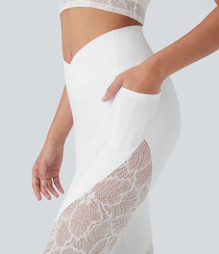 SoftlyZero™ High Waisted Crossover Pocket Contrast Lace 7/8 Yoga Leggings-UPF50+
