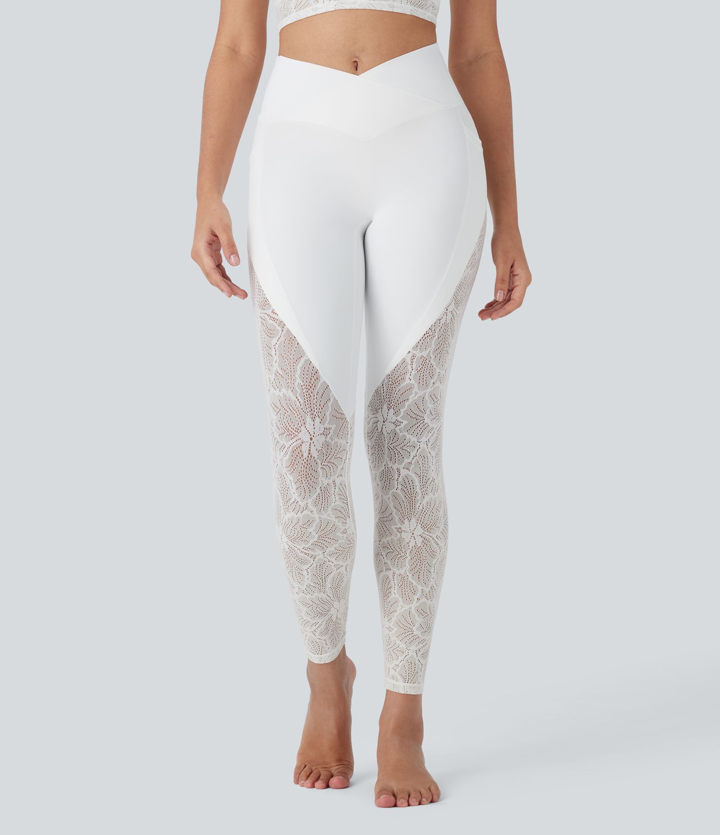 SoftlyZero™ High Waisted Crossover Pocket Contrast Lace 7/8 Yoga Leggings-UPF50+