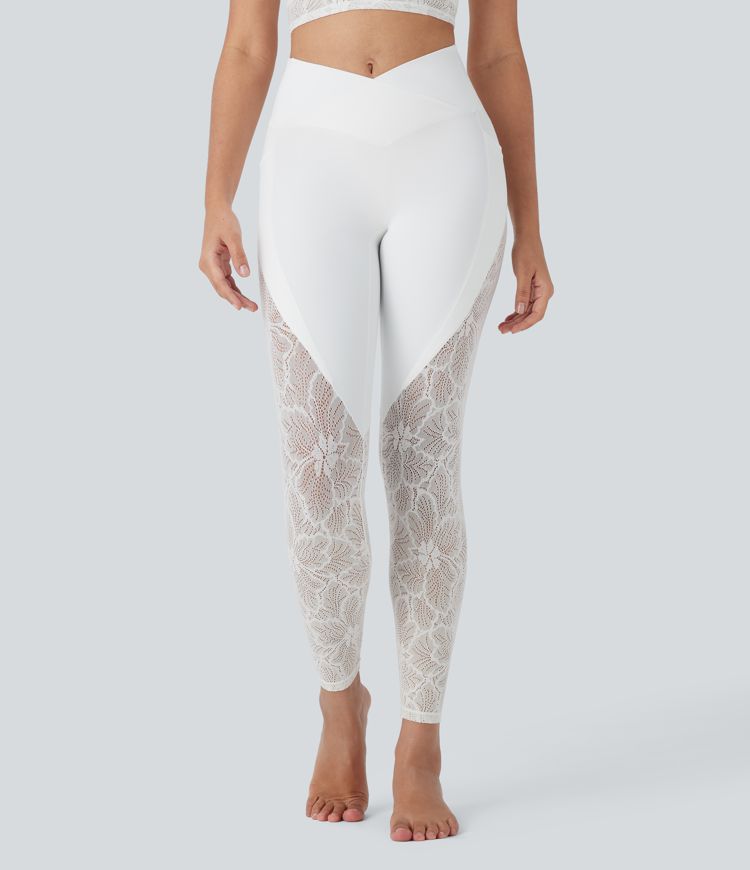 SoftlyZero™ High Waisted Crossover Pocket Contrast Lace 7/8 Yoga Leggings-UPF50+