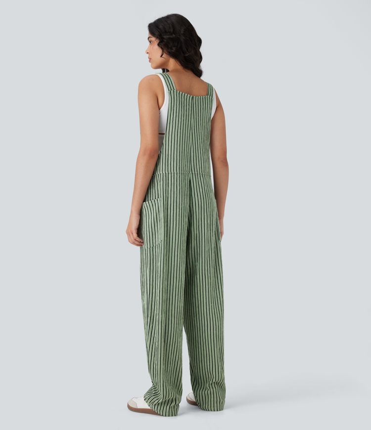 V Neck Pockets Stripe Casual Overalls