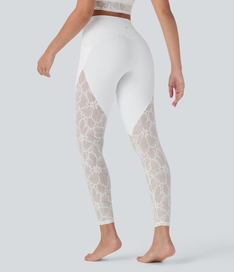 SoftlyZero™ High Waisted Crossover Pocket Contrast Lace 7/8 Yoga Leggings-UPF50+