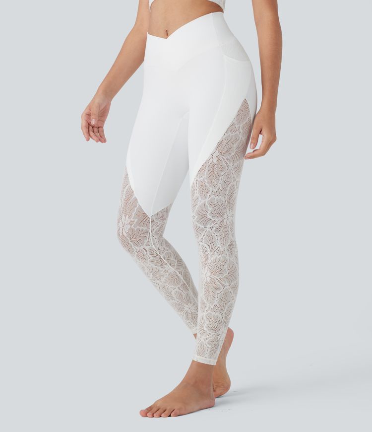 Softlyzero™ High Waisted Crossover Side Pocket Contrast Lace Yoga Leggings-UPF50+