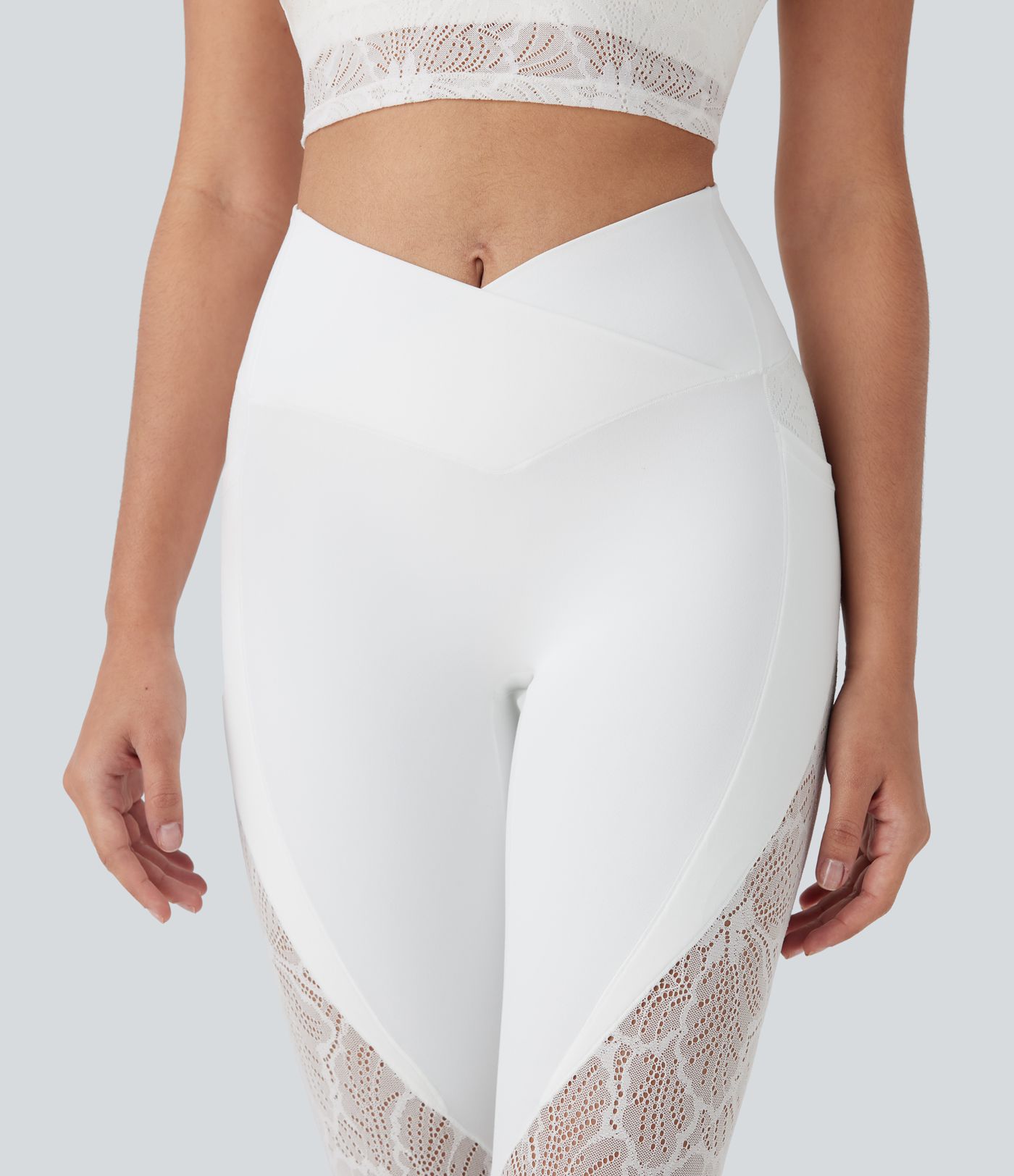 SoftlyZero™ High Waisted Crossover Pocket Contrast Lace 7/8 Yoga Leggings-UPF50+