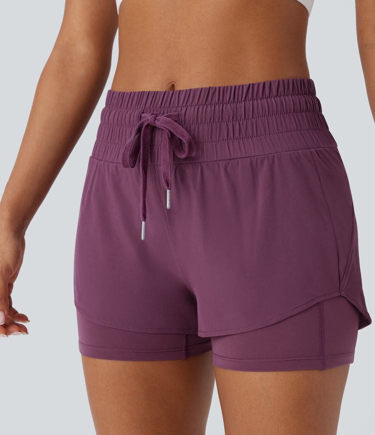 Breezeful™ Mid Rise Drawstring Pockets 2-in-1 Curved Hem Quick Dry Running Shorts