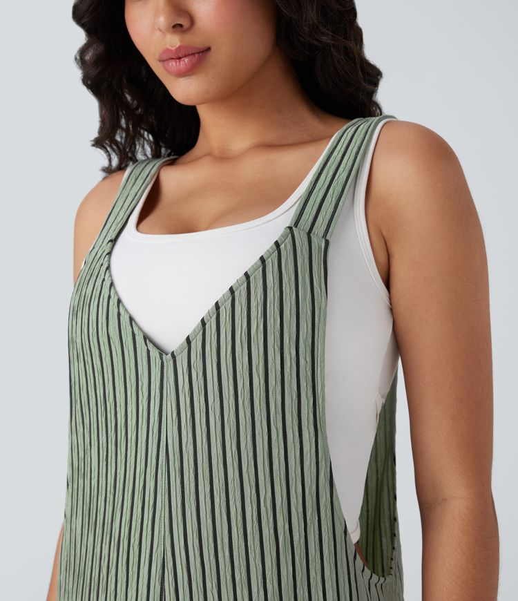 V Neck Pockets Stripe Casual Overalls
