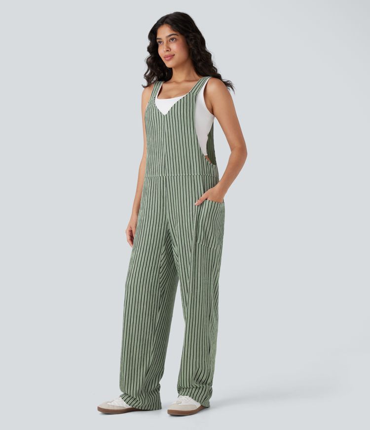 V Neck Pockets Stripe Casual Overalls