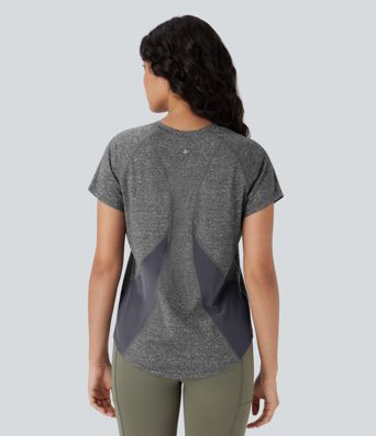 Yoga Sport Top en Manches Courtes avec Col en V et Mesh Contrastant