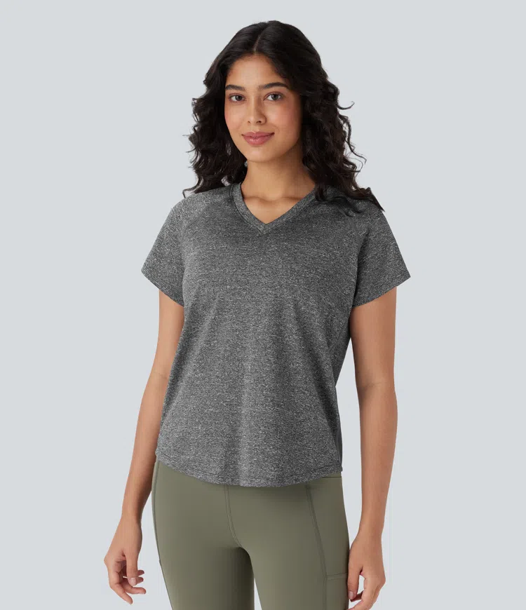 V Neck Short Sleeve Contrast Mesh Yoga Sports Top