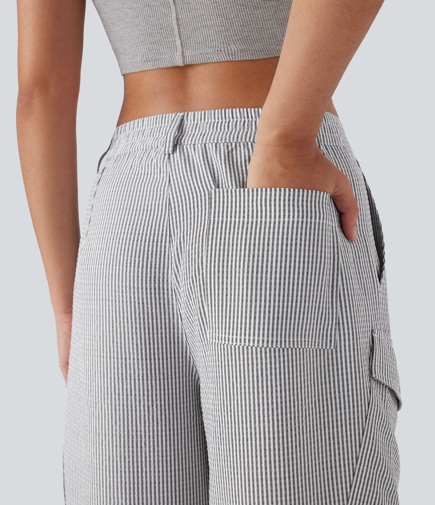 Mid Rise Zipper Pockets Wide Leg Stripe Casual Cargo Pants