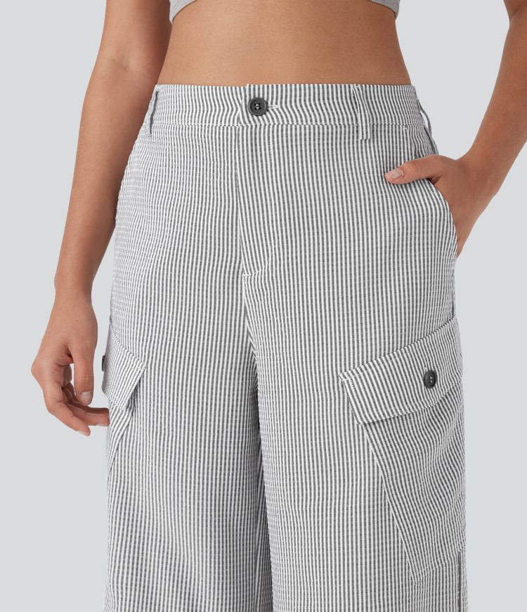 Mid Rise Zipper Pockets Wide Leg Stripe Casual Cargo Pants