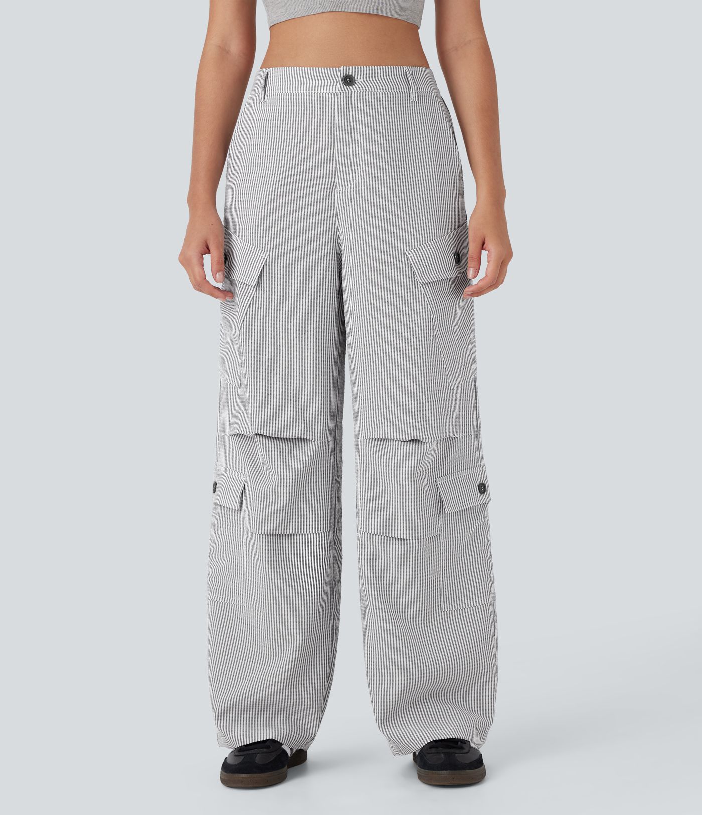 Mid Rise Zipper Pockets Wide Leg Stripe Casual Cargo Pants