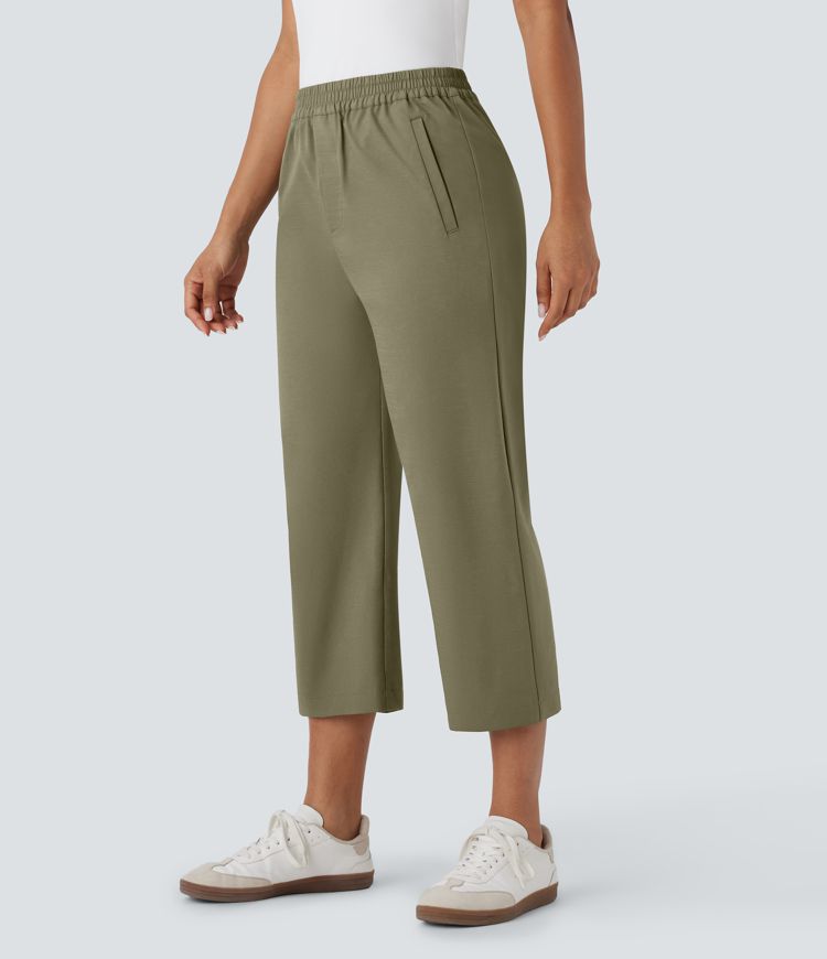 High Waisted Straight Leg Capri Casual Pants with Pockets