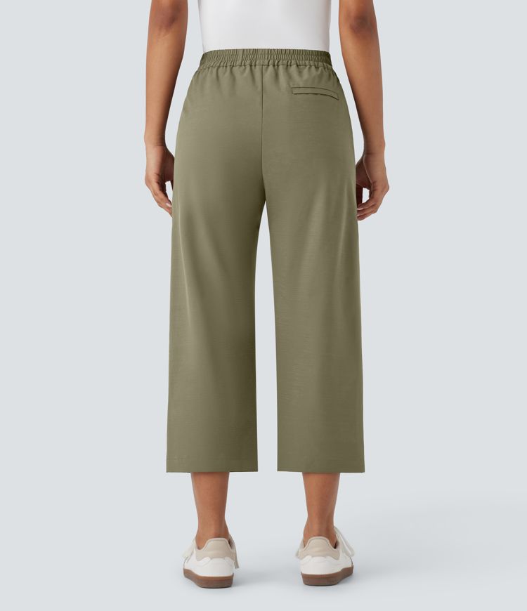 High Waisted Straight Leg Capri Casual Pants with Pockets