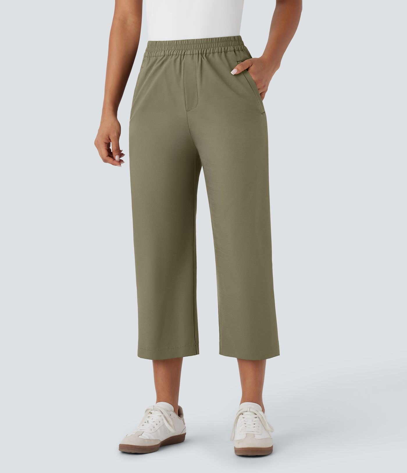 High Waisted Straight Leg Capri Casual Pants with Side Pockets