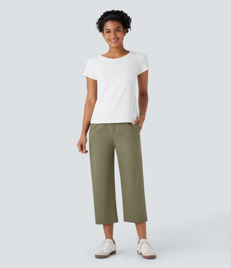 High Waisted Straight Leg Capri Casual Pants with Pockets