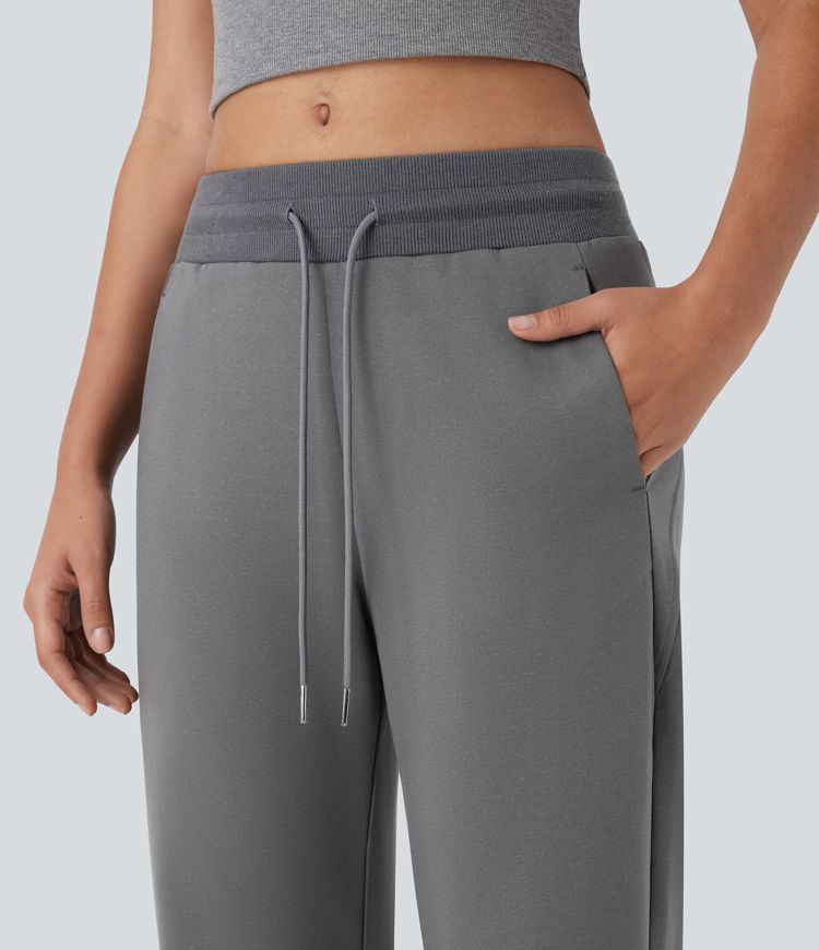 Mid Rise Drawstring Casual Bootcut Trousers with Side Pockets