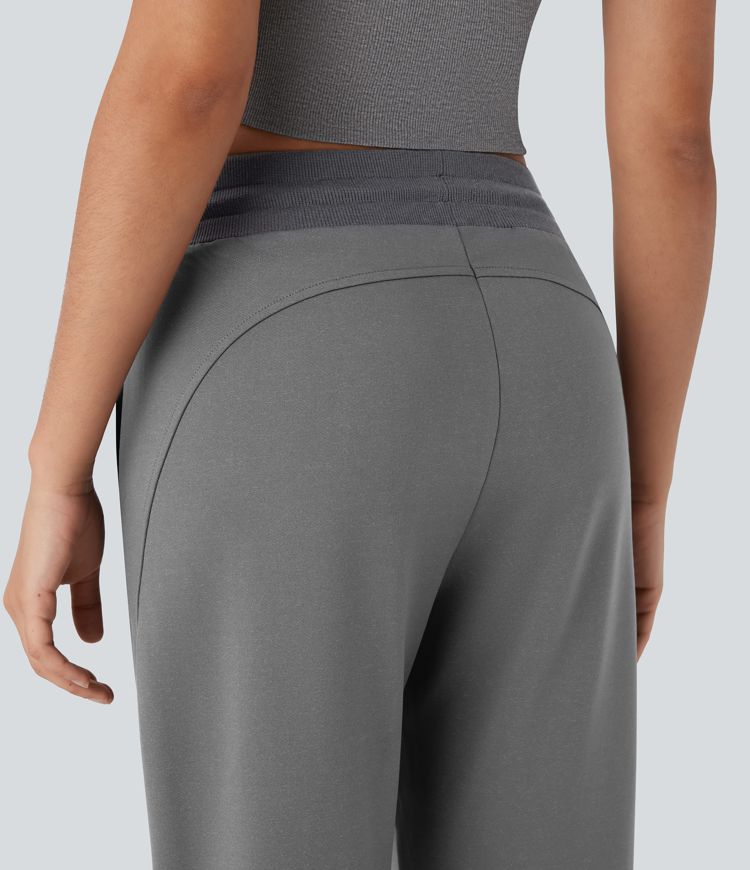 Mid Rise Drawstring Casual Bootcut Trousers with Side Pockets