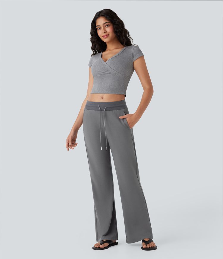 Mid Rise Drawstring Casual Bootcut Trousers with Side Pockets