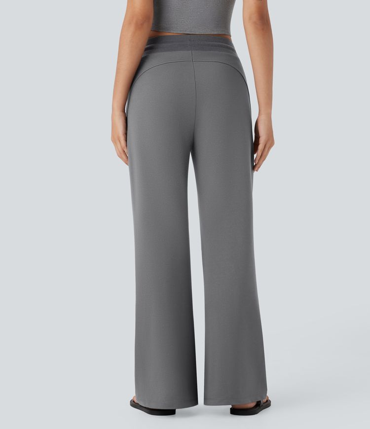 Mid Rise Drawstring Casual Bootcut Trousers with Side Pockets