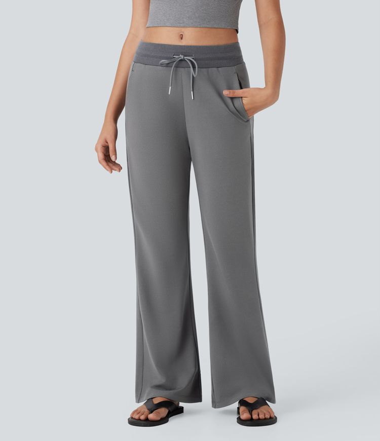 Mid Rise Drawstring Casual Bootcut Trousers with Side Pockets