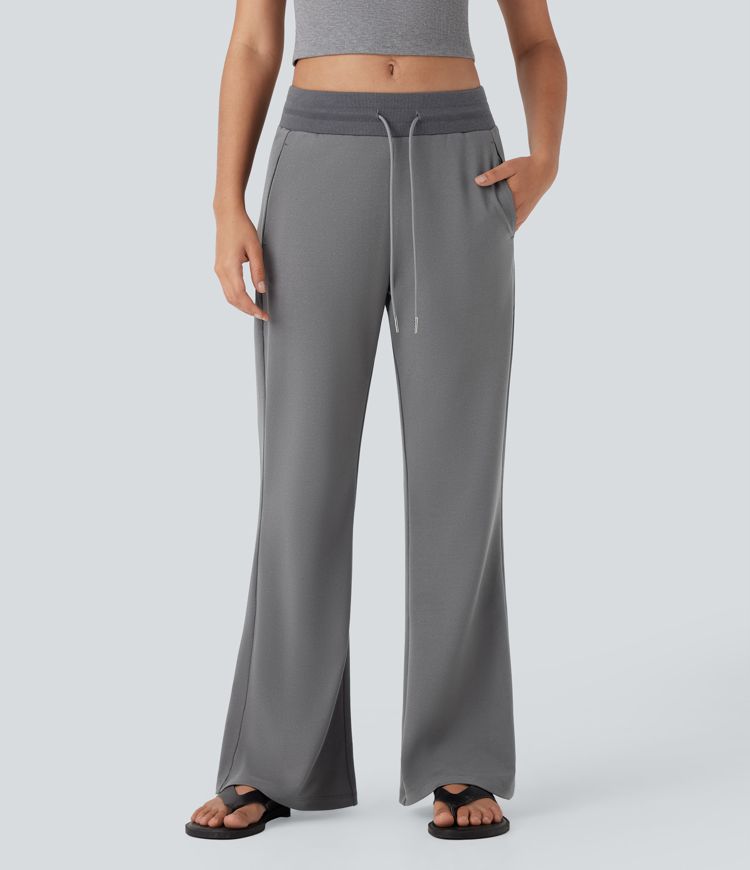 Mid Rise Drawstring Casual Bootcut Trousers with Side Pockets