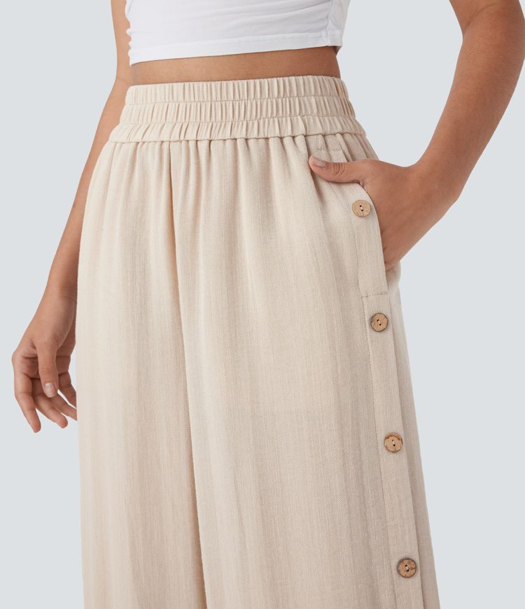 High Waisted Pocket Decorative 7/8 Casual Wide Leg Linen-Feel Pants