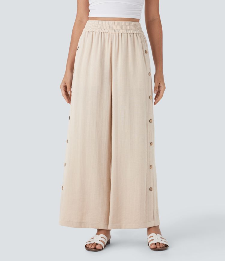 High Waisted Pocket Decorative 7/8 Casual Wide Leg Linen-Feel Pants