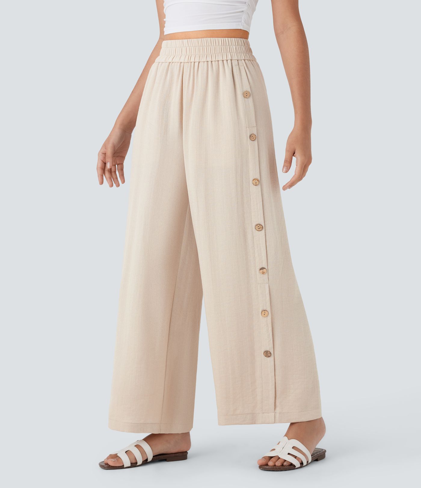 High Waisted Pocket Decorative 7/8 Casual Wide Leg Linen-Feel Pants