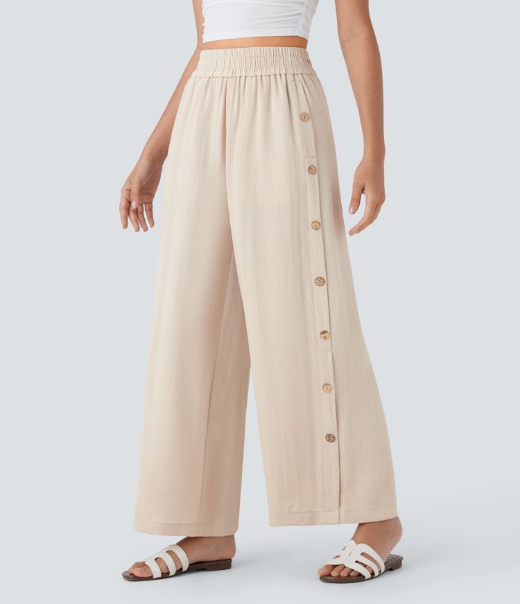 High Waisted Pocket Decorative 7/8 Casual Wide Leg Linen-Feel Pants