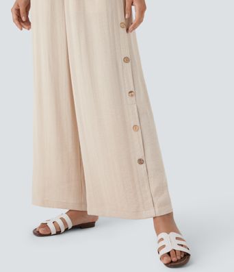 High Waisted Pocket Decorative 7/8 Casual Wide Leg Linen-Feel Pants