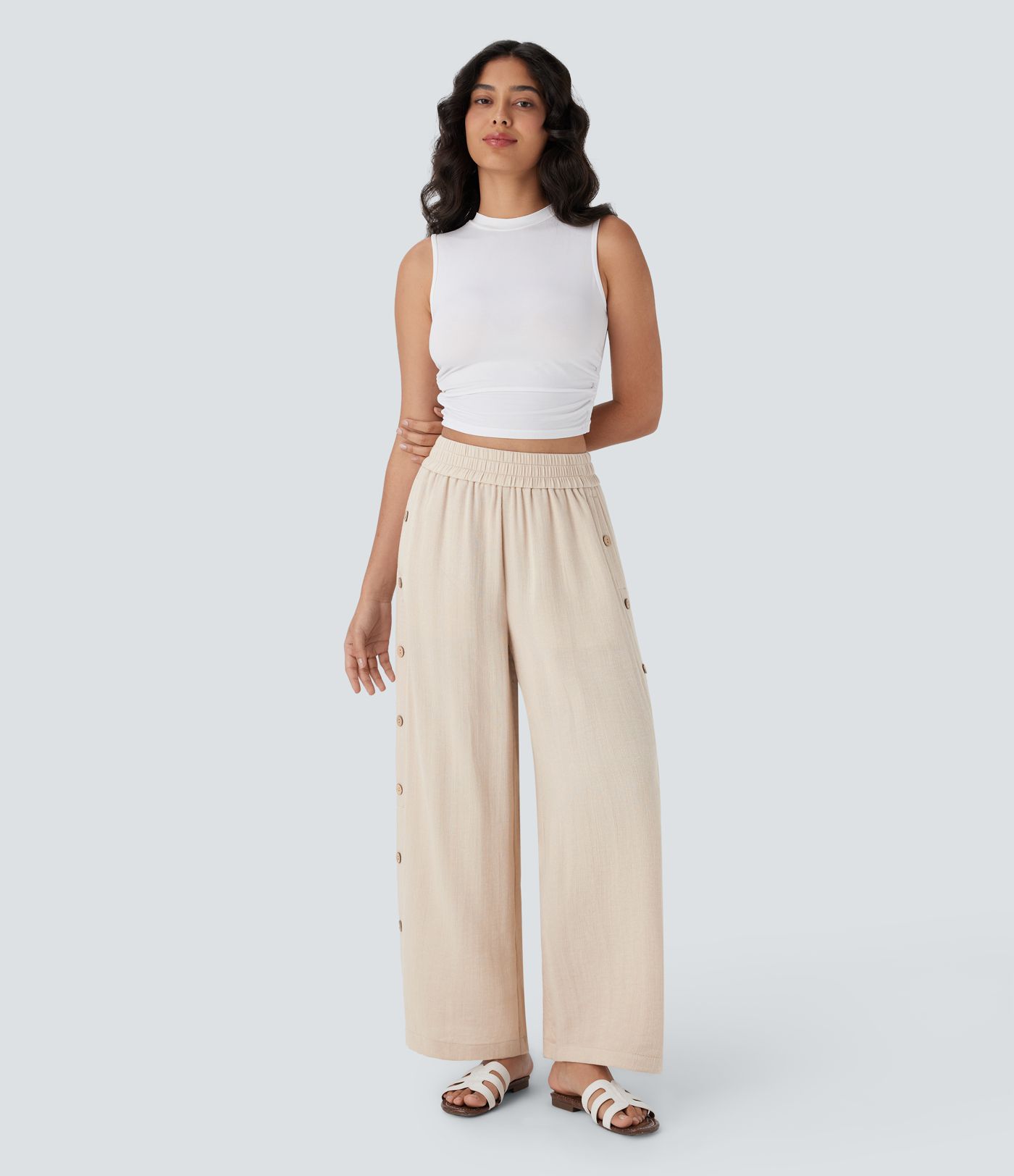 High Waisted Pocket Decorative 7/8 Casual Wide Leg Linen-Feel Pants