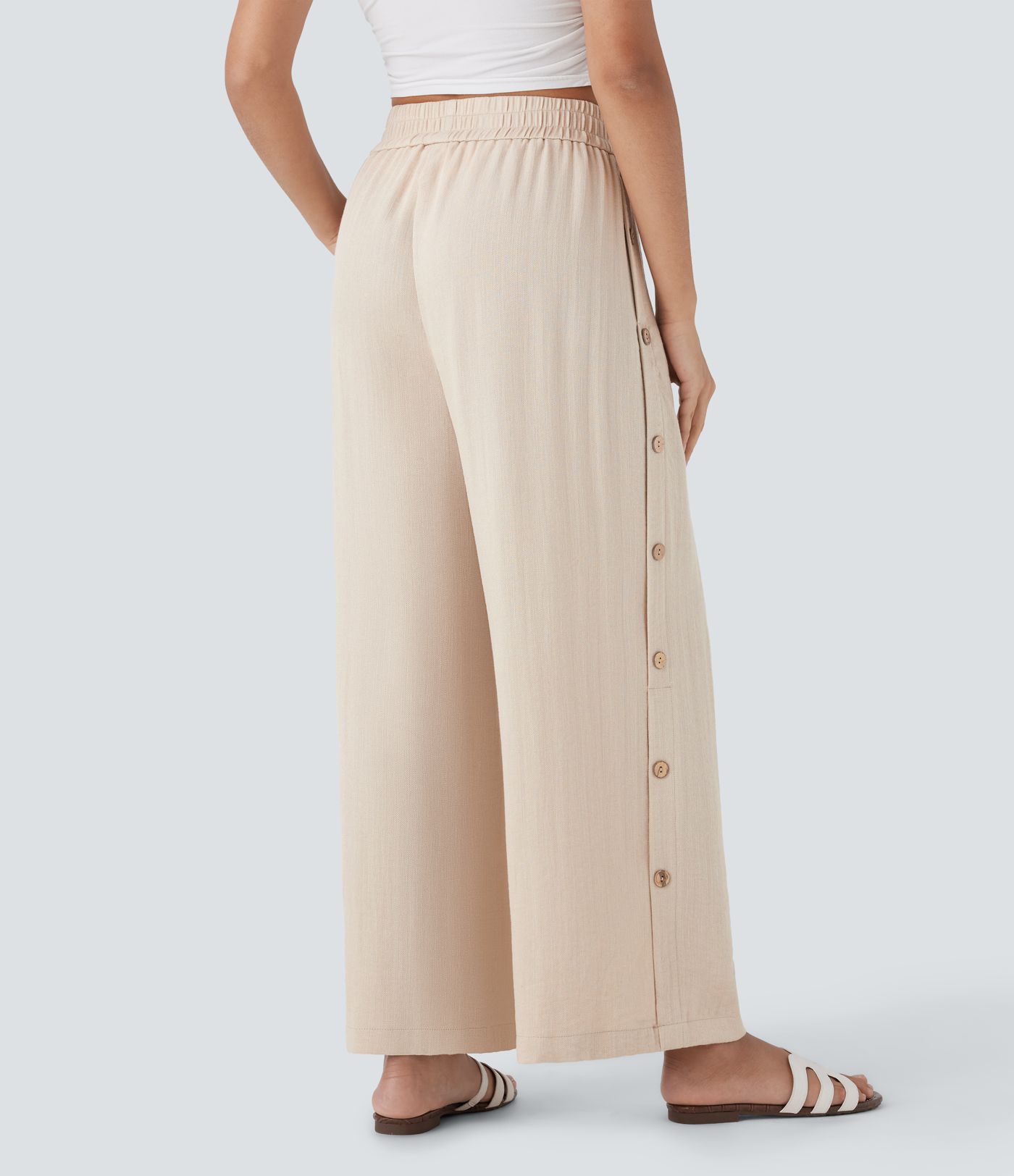 High Waisted Pocket Decorative 7/8 Casual Wide Leg Linen-Feel Pants
