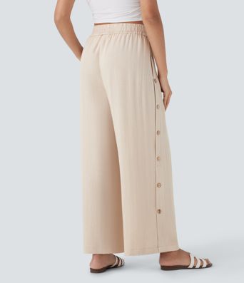 High Waisted Pocket Decorative 7/8 Casual Wide Leg Linen-Feel Pants