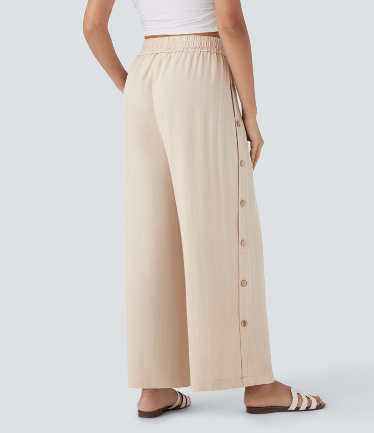High Waisted Pocket Decorative 7/8 Casual Wide Leg Linen-Feel Pants