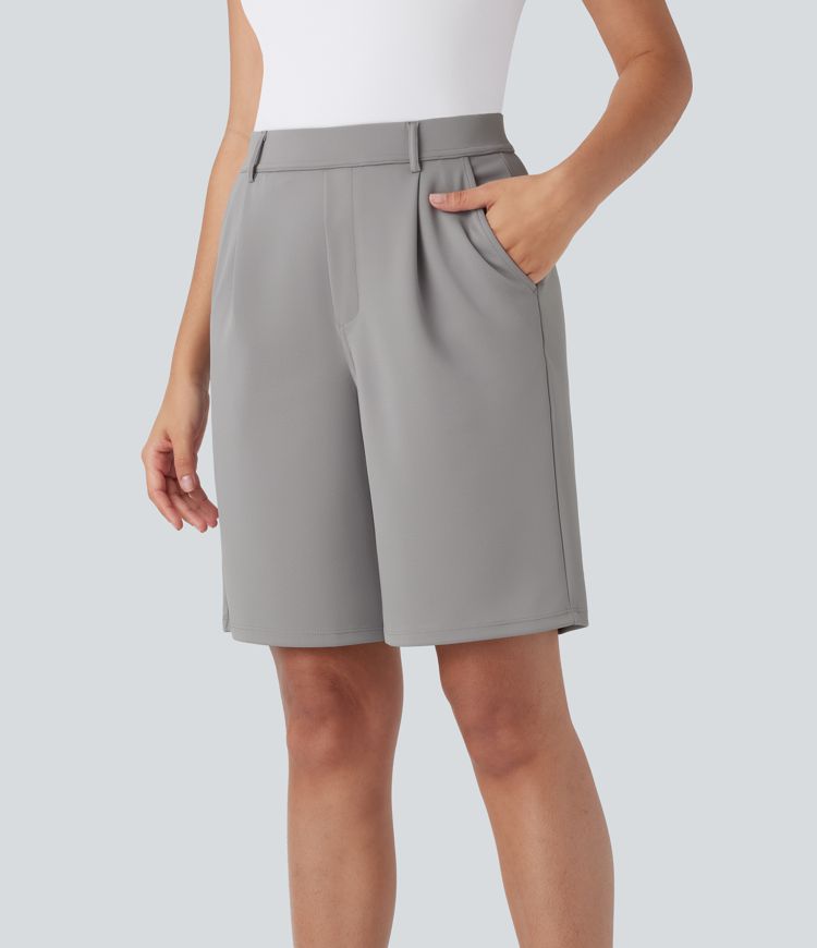 High Waisted Pocket Straight Leg Crepe Work Bermuda Shorts