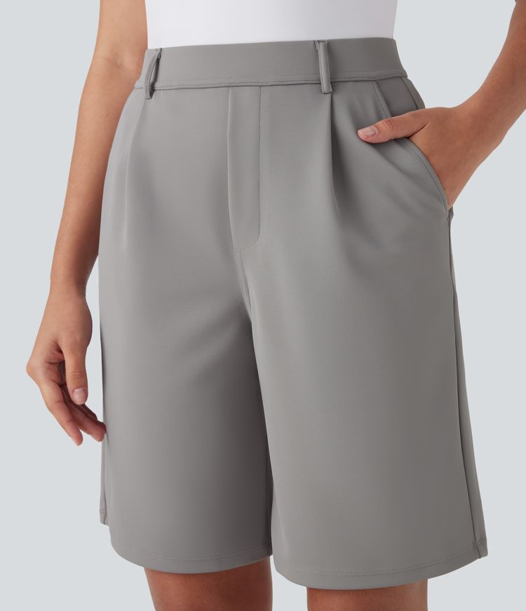 High Waisted Pocket Straight Leg Crepe Work Bermuda Shorts