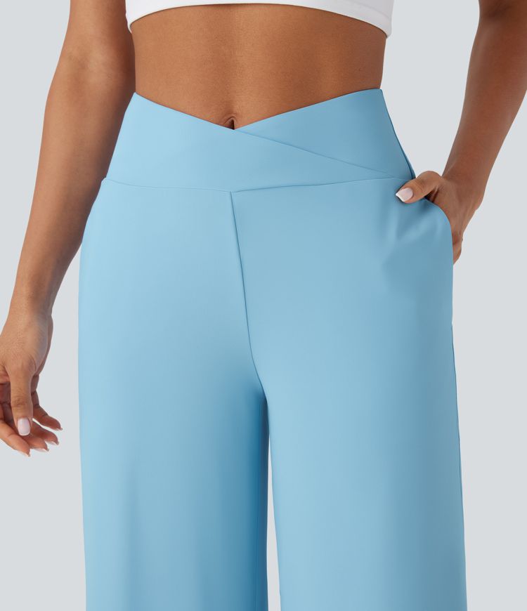 Pantalon corsaire de yoga croisé taille haute multiples poches avec fentes toucher frais - UPF50+