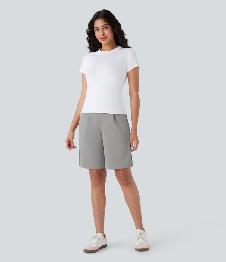 High Waisted Pocket Straight Leg Crepe Work Bermuda Shorts
