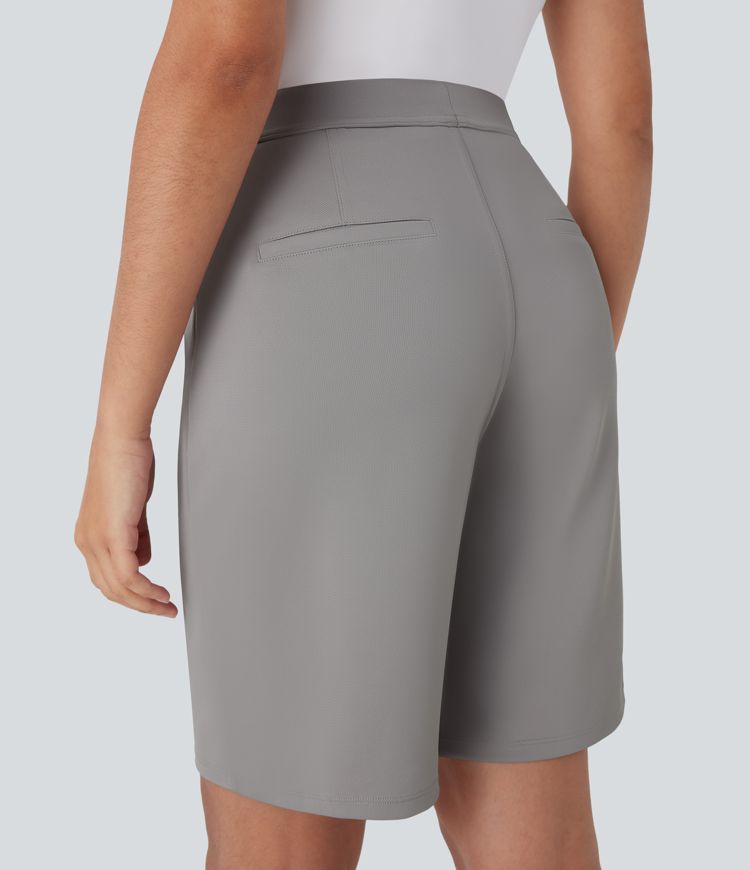 High Waisted Pocket Straight Leg Crepe Work Bermuda Shorts