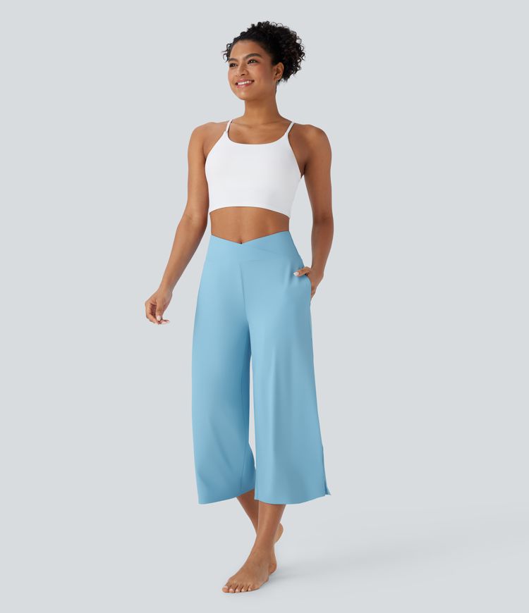 Pantalon corsaire de yoga croisé taille haute multiples poches avec fentes toucher frais - UPF50+