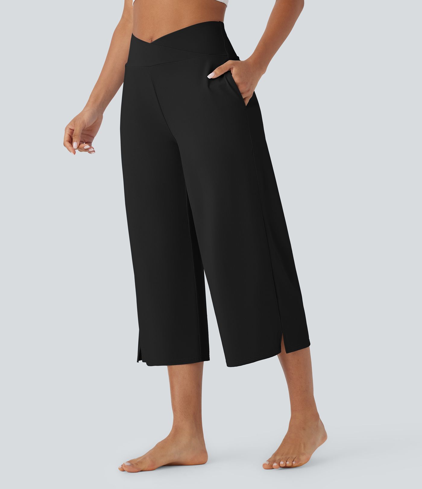 Pantalon corsaire de yoga croisé taille haute multiples poches avec fentes toucher frais - UPF50+