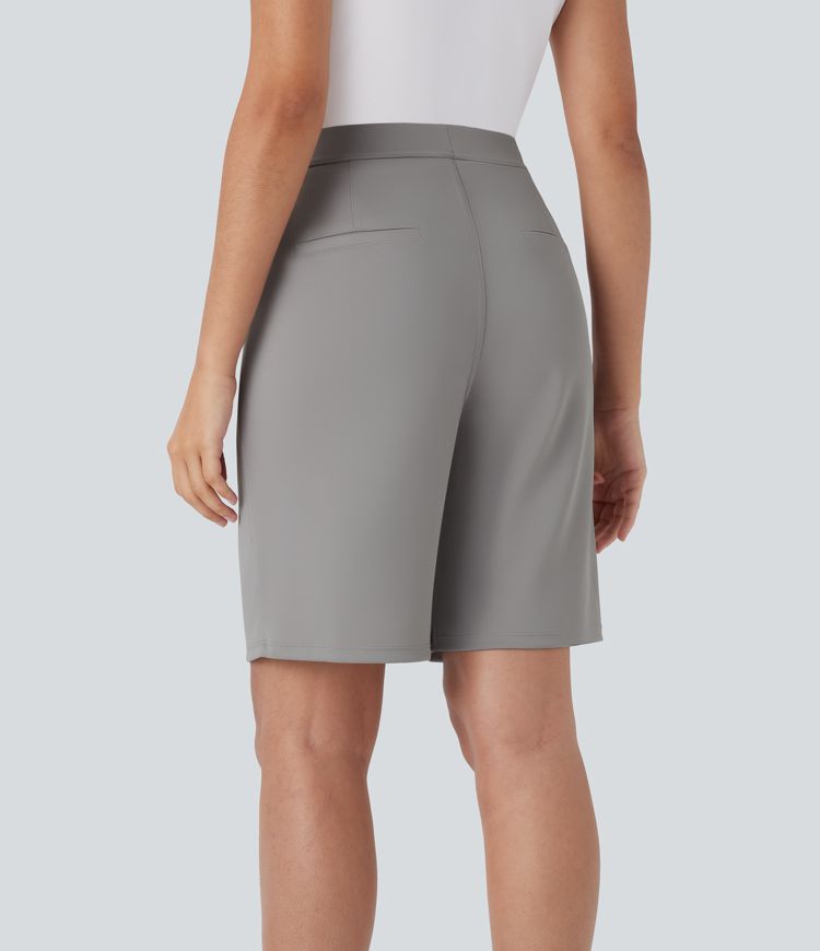 High Waisted Pocket Straight Leg Crepe Work Bermuda Shorts