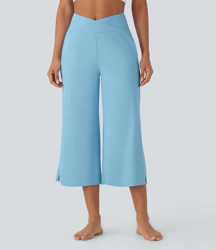Pantalon corsaire de yoga croisé taille haute multiples poches avec fentes toucher frais - UPF50+