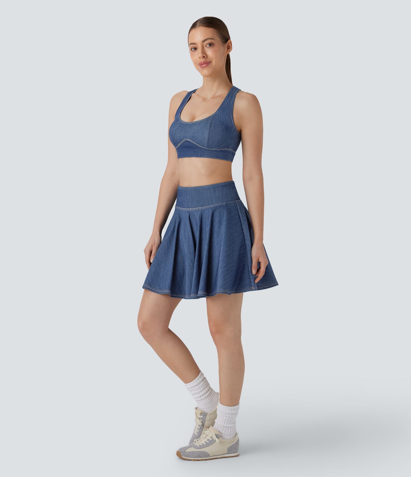Mini falda Halara Flex™ Denim mezclilla tenis elástica lavada tacto fresco 2 en 1 tiro alto bolsillo