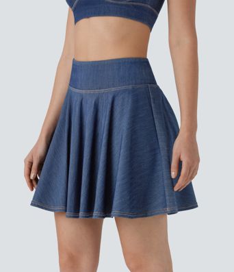 Halara Flex™ Hohe Taille 2-in-1 Cool Touch Gewaschener Dehnbarer Strick-Denim-Minirock mit Taschen