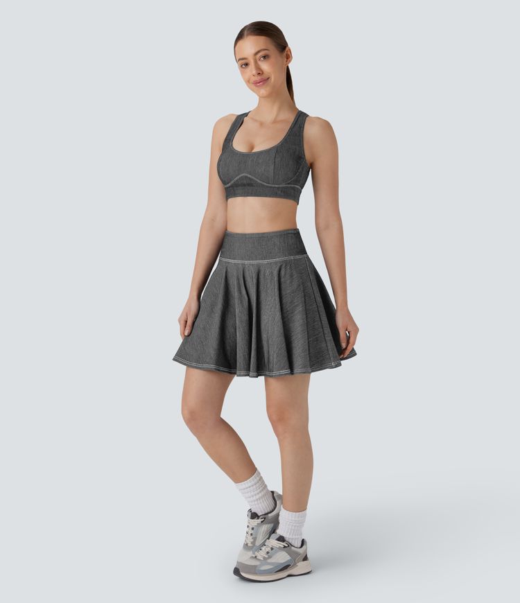 Halara Flex™ High Waisted 2-in-1 Cool Touch Washed Stretchy Knit Denim Mini Tennis Skirt with Pockets
